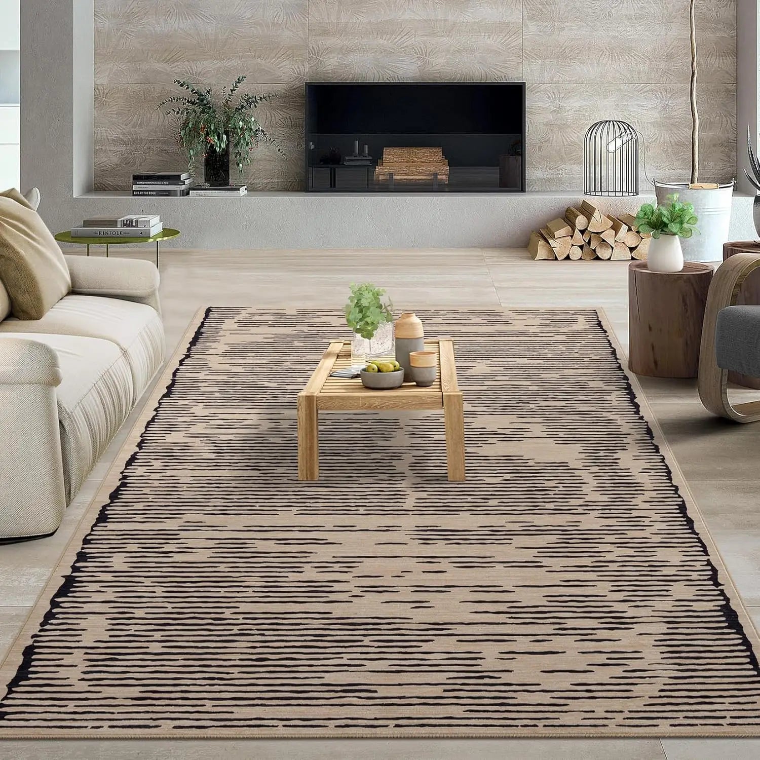 Modern, Striped Low-Pile Area Rug with Padding