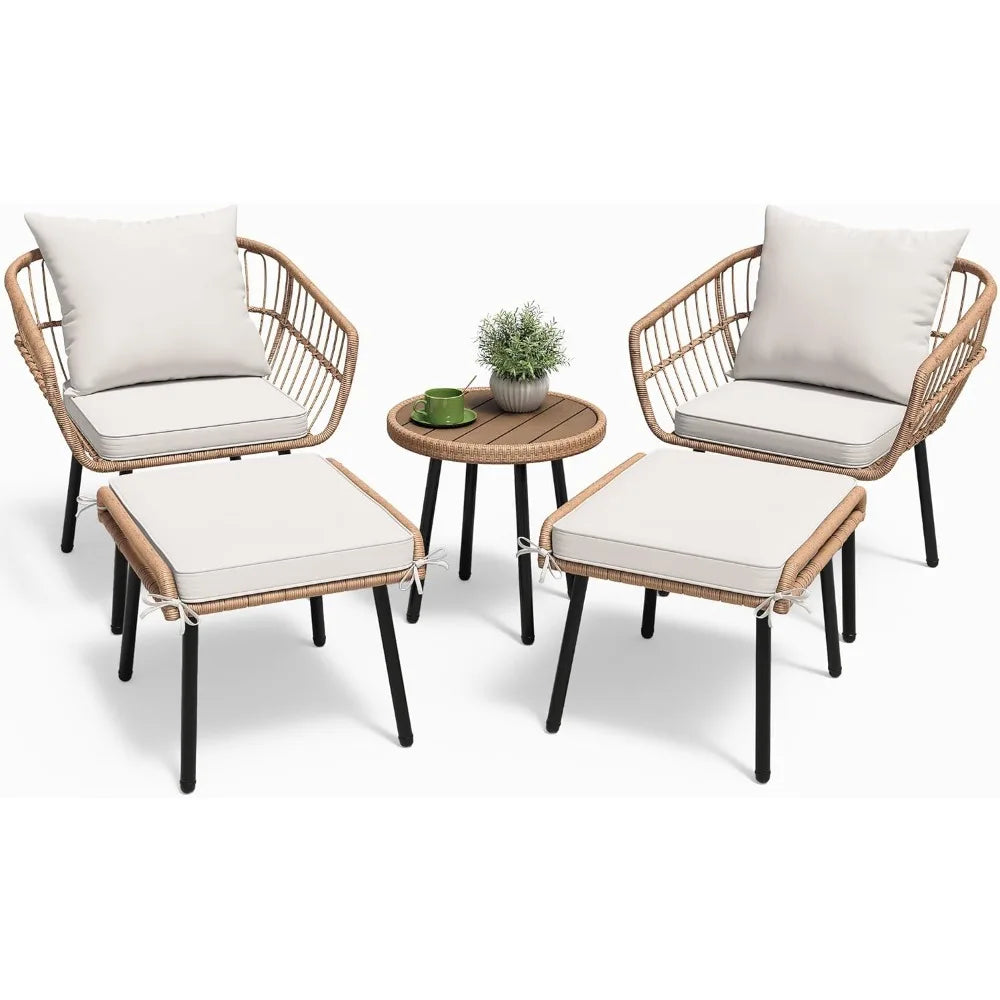 5 Pc Outdoor Wicker Seats with Ottomans and Side Table