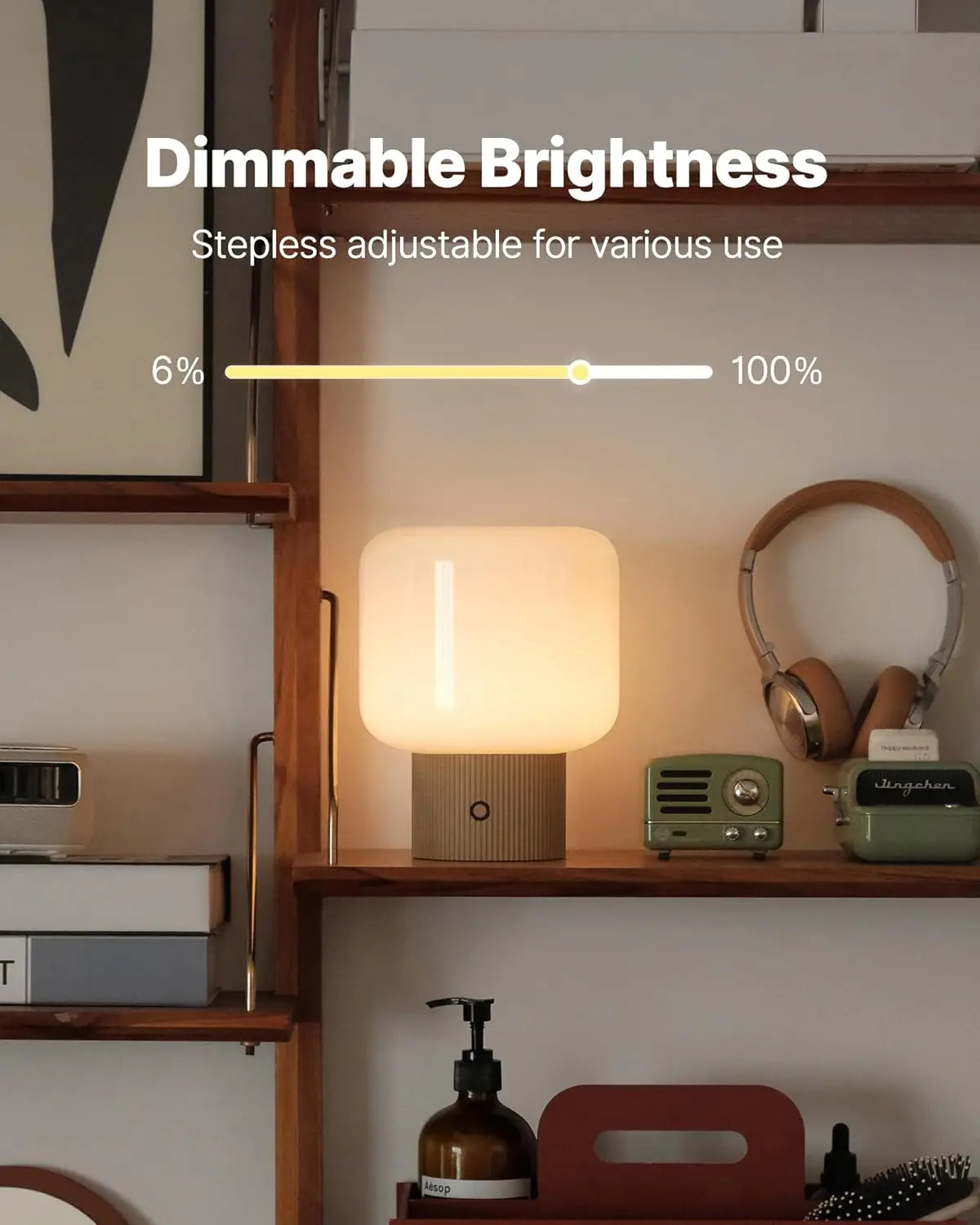 Small Cordless Mushroom Lamp, 5W LED Dimmable with Glass Shade, 3 Color Temps for Bedroom Decor