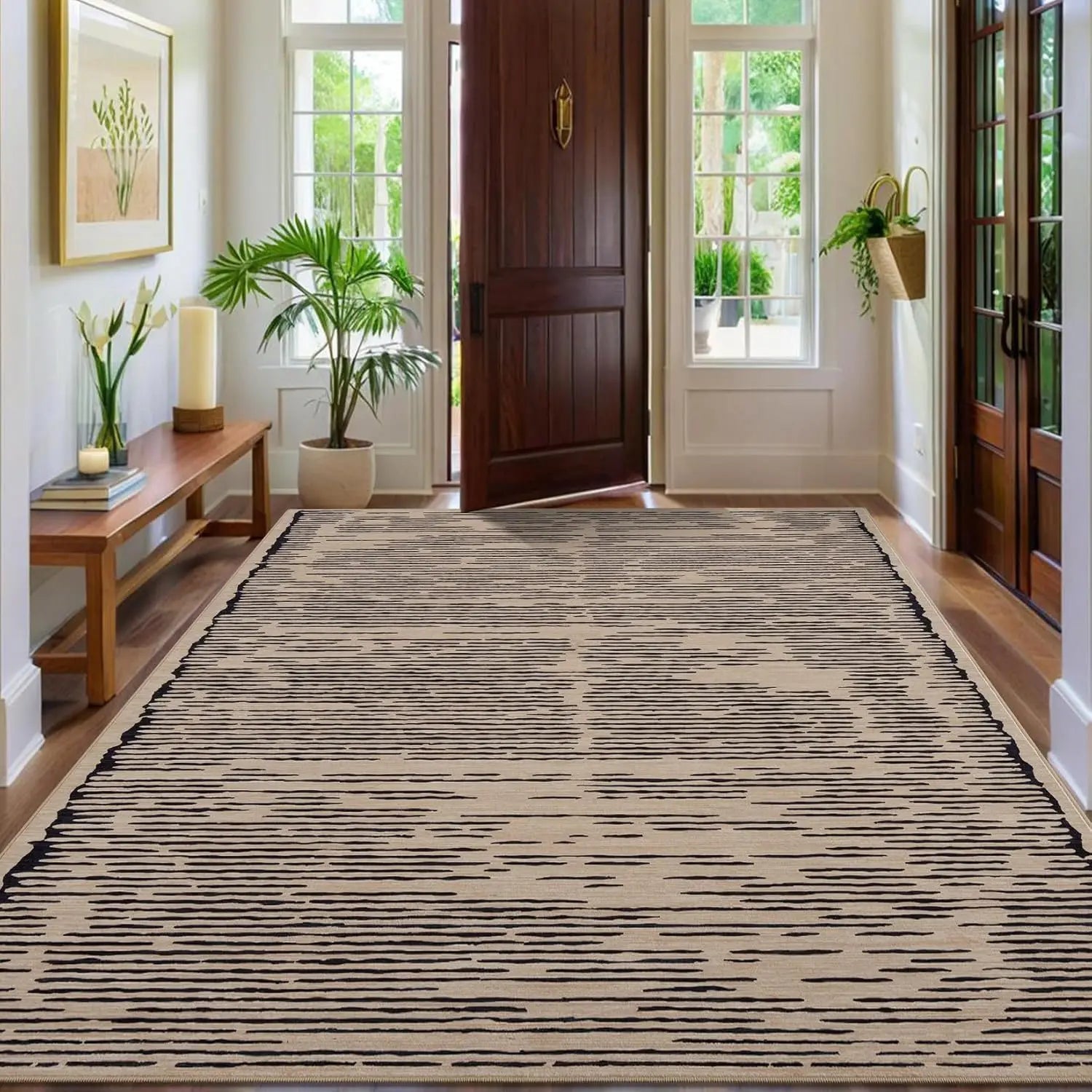 Modern, Striped Low-Pile Area Rug with Padding