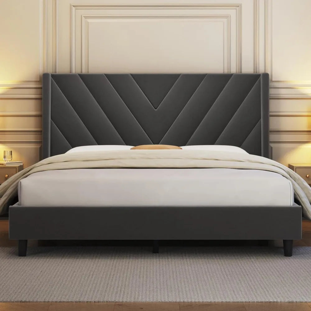 Queen Upholstered Platform Bed Frame with Tufted Headboard