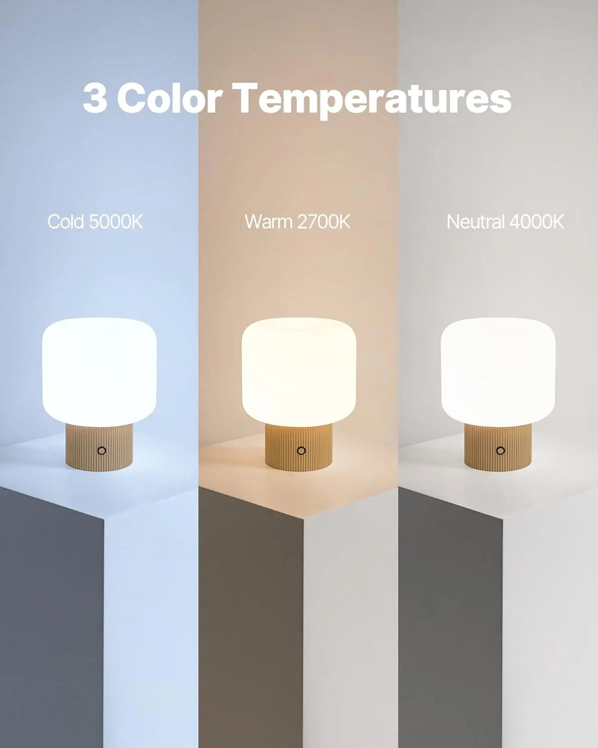 Small Cordless Mushroom Lamp, 5W LED Dimmable with Glass Shade, 3 Color Temps for Bedroom Decor