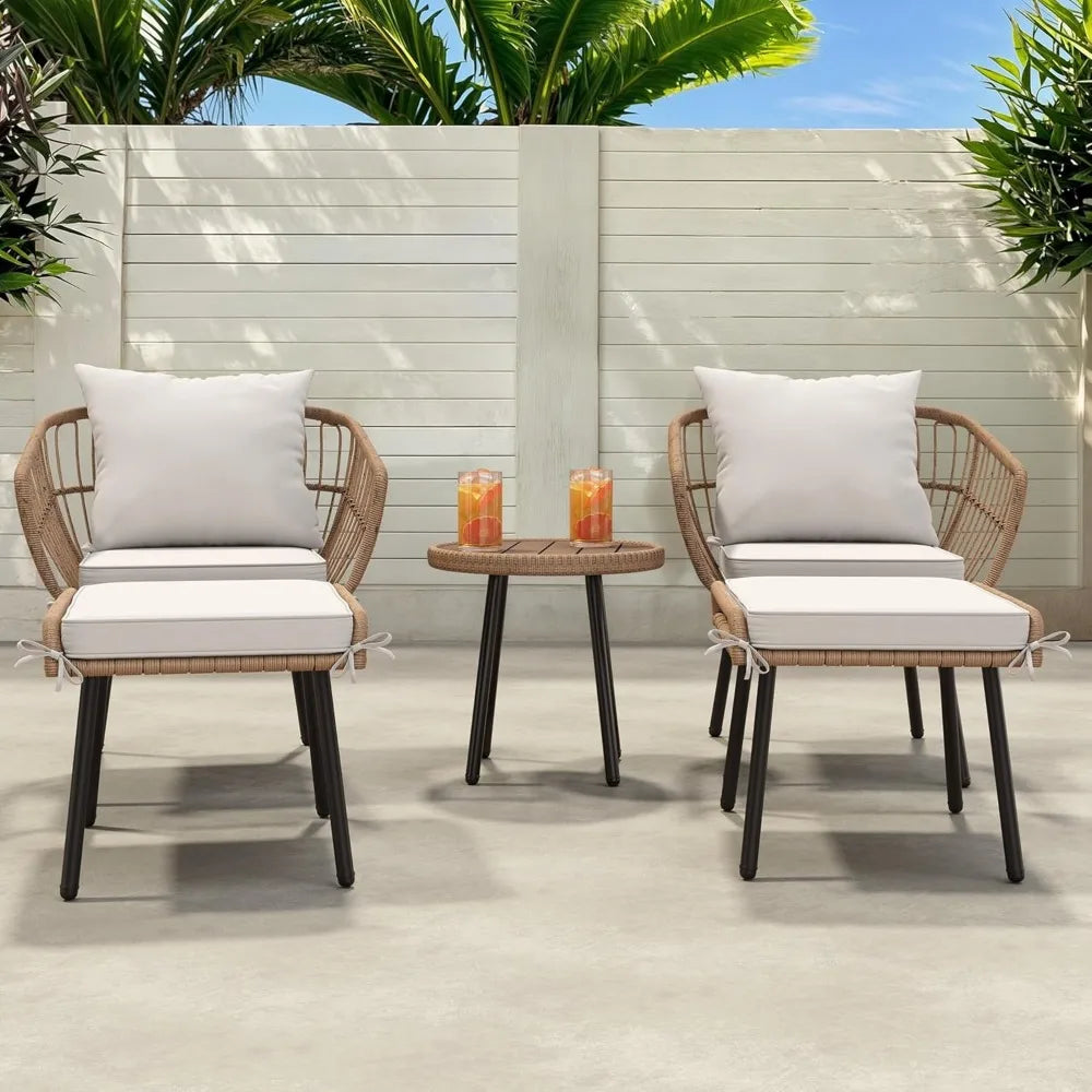 5 Pc Outdoor Wicker Seats with Ottomans and Side Table
