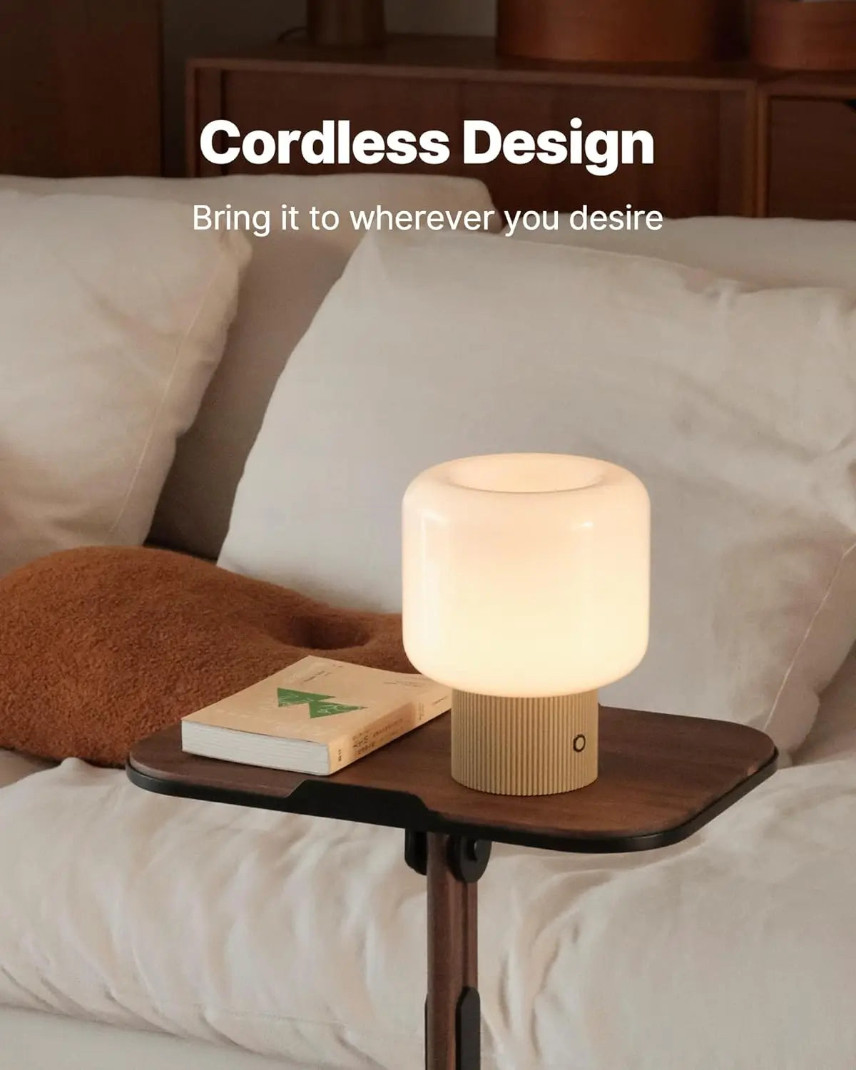 Small Cordless Mushroom Lamp, 5W LED Dimmable with Glass Shade, 3 Color Temps for Bedroom Decor