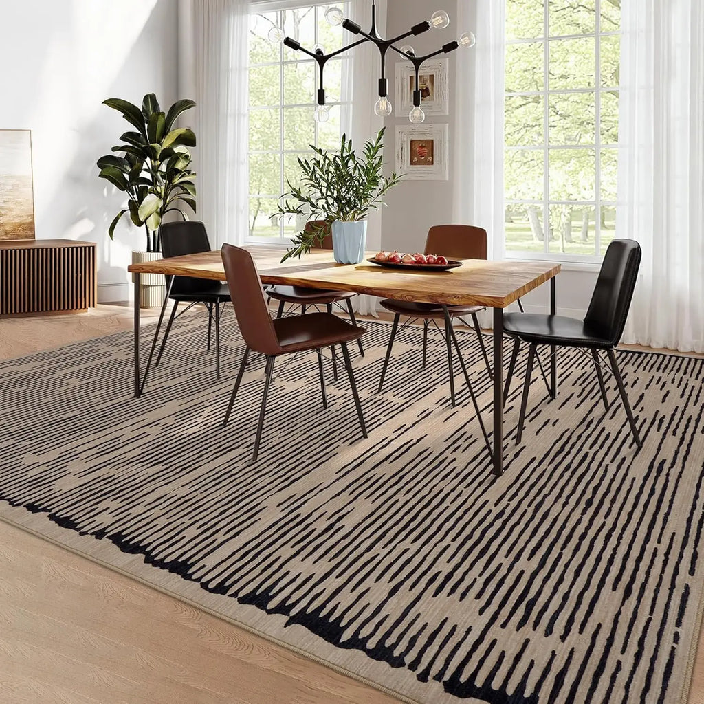 Modern, Striped Low-Pile Area Rug with Padding