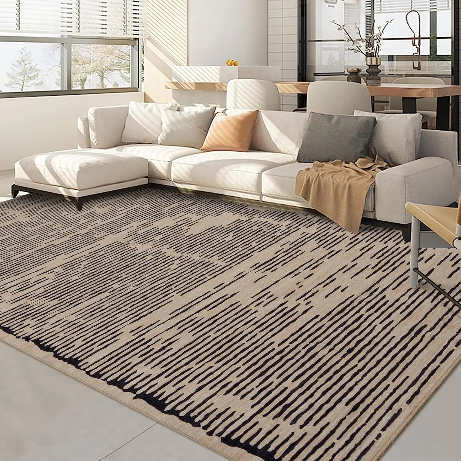 Modern, Striped Low-Pile Area Rug with Padding