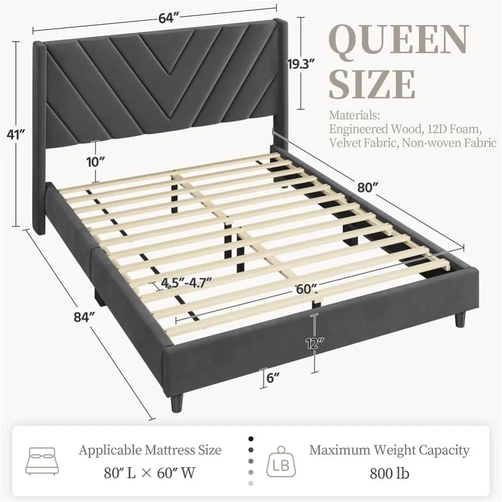 Queen Upholstered Platform Bed Frame with Tufted Headboard