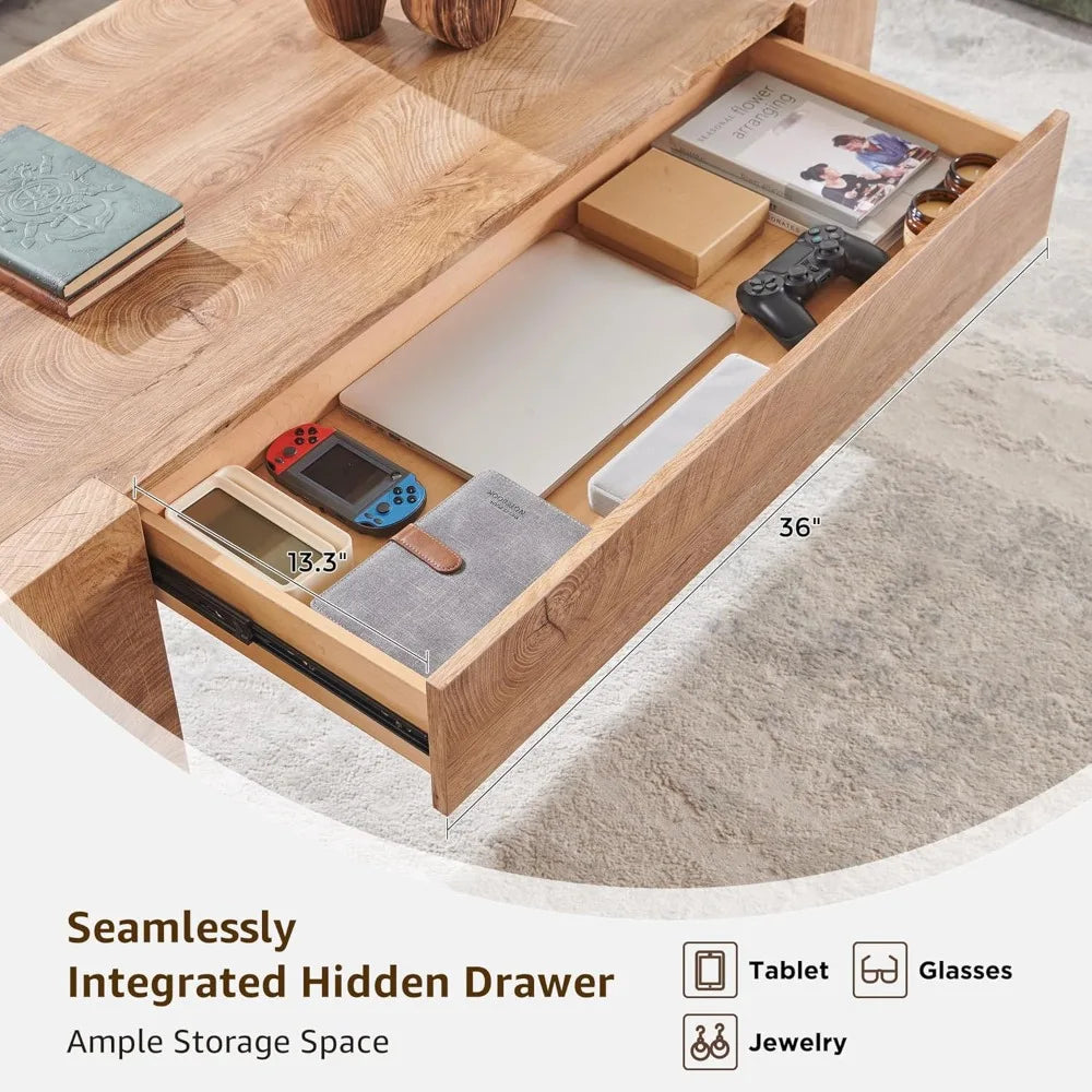 Modern Solid Wood Coffee Table with Hidden Storage Drawer