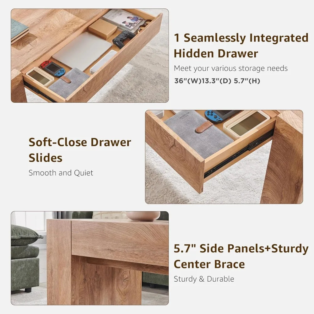 Modern Solid Wood Coffee Table with Hidden Storage Drawer