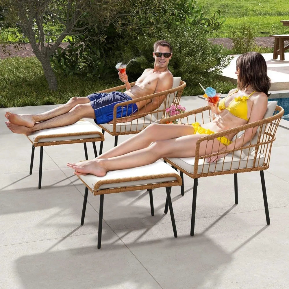 5 Pc Outdoor Wicker Seats with Ottomans and Side Table