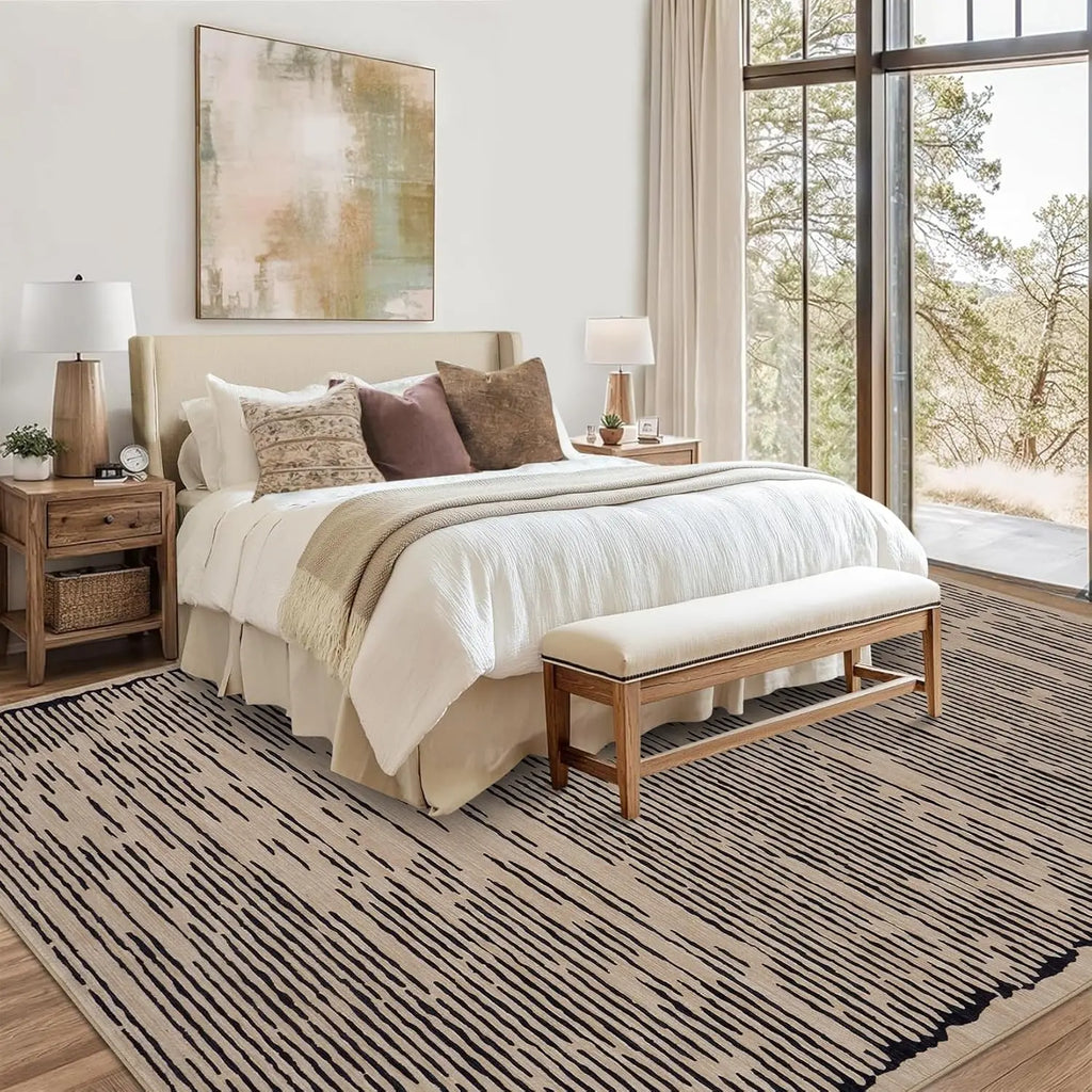 Modern, Striped Low-Pile Area Rug with Padding