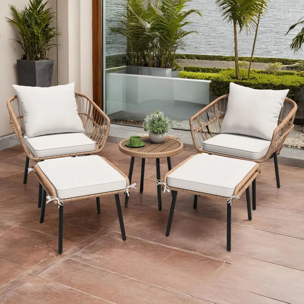 5 Pc Outdoor Wicker Seats with Ottomans and Side Table