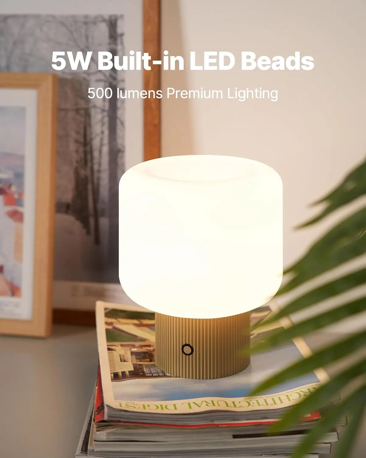 Small Cordless Mushroom Lamp, 5W LED Dimmable with Glass Shade, 3 Color Temps for Bedroom Decor